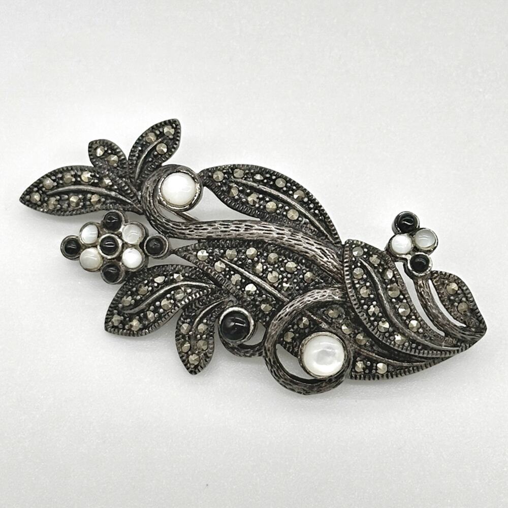 Art Nouveau Style 925 Sterling Silver Marcasite Brooch w Onyx Moonstone Details